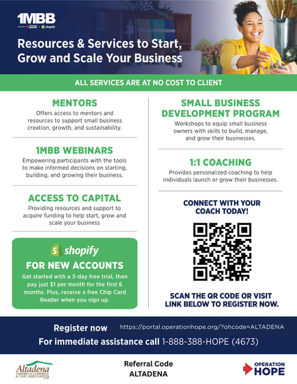 Flyer for 1MBB business resources featuring a QR code, contact information, and service descriptions for entrepreneurs.
