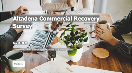 Altadena Commercial Recovery Survey cover page showing a desk with a laptop, a plant, and coffee mugs.