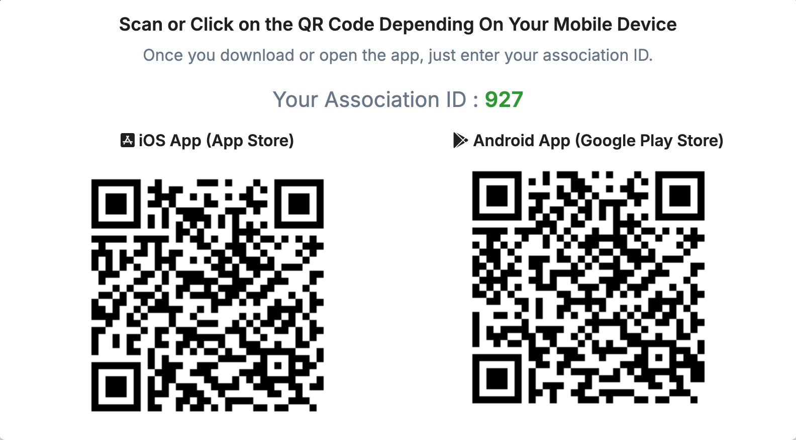 Instructions for downloading an app via QR code for iOS or Android, with an Association ID of 927.