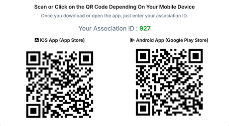 Instructions for downloading an app via QR code for iOS or Android, with an Association ID of 927.