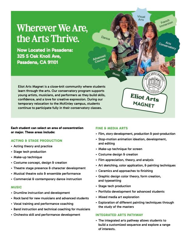 Informational flyer for Eliot Arts Magnet featuring programs in music, acting, media arts, and visual arts in Pasadena.