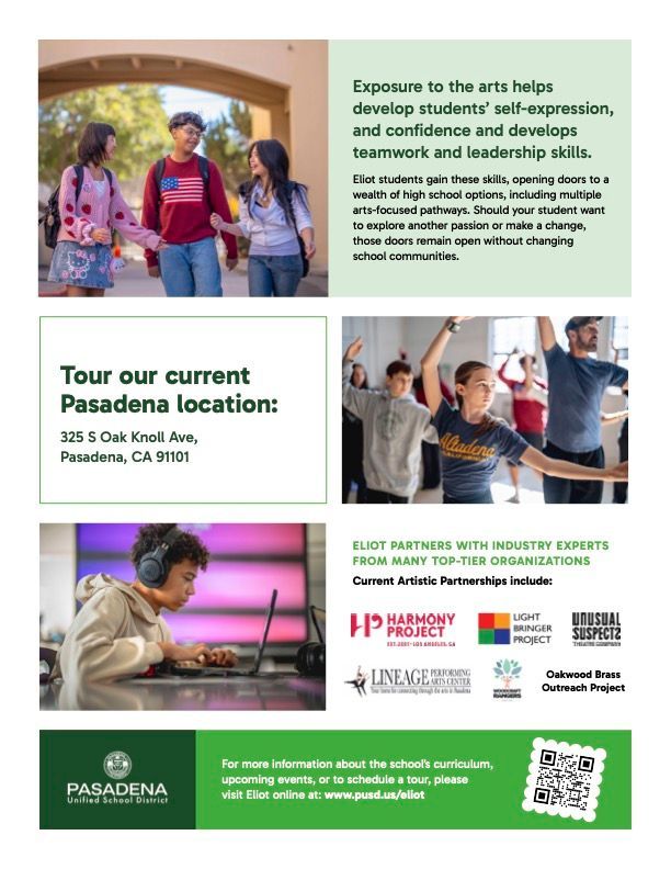 Promotional flyer for Pasadena Unified School District arts program featuring student photos, school location, and QR code.