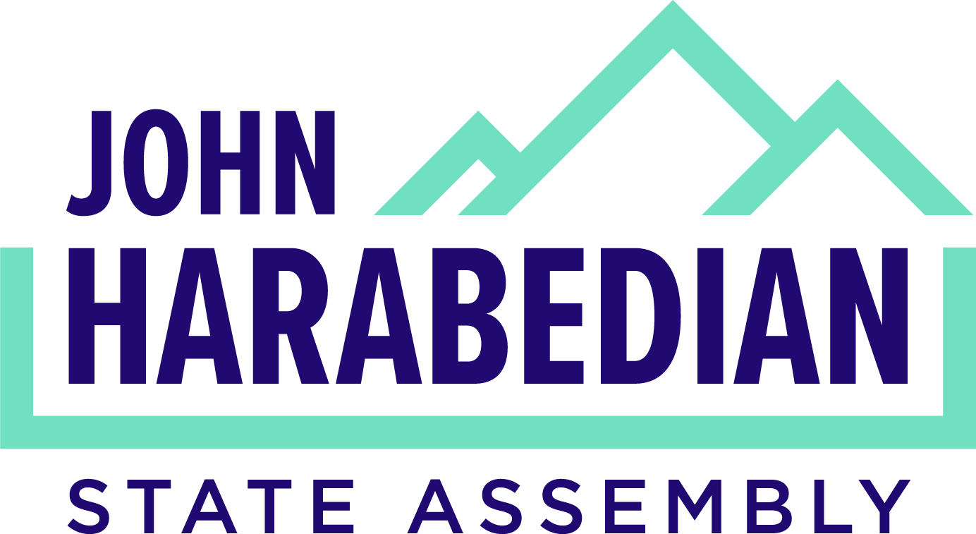 The john harabedian state assembly logo is blue and green.