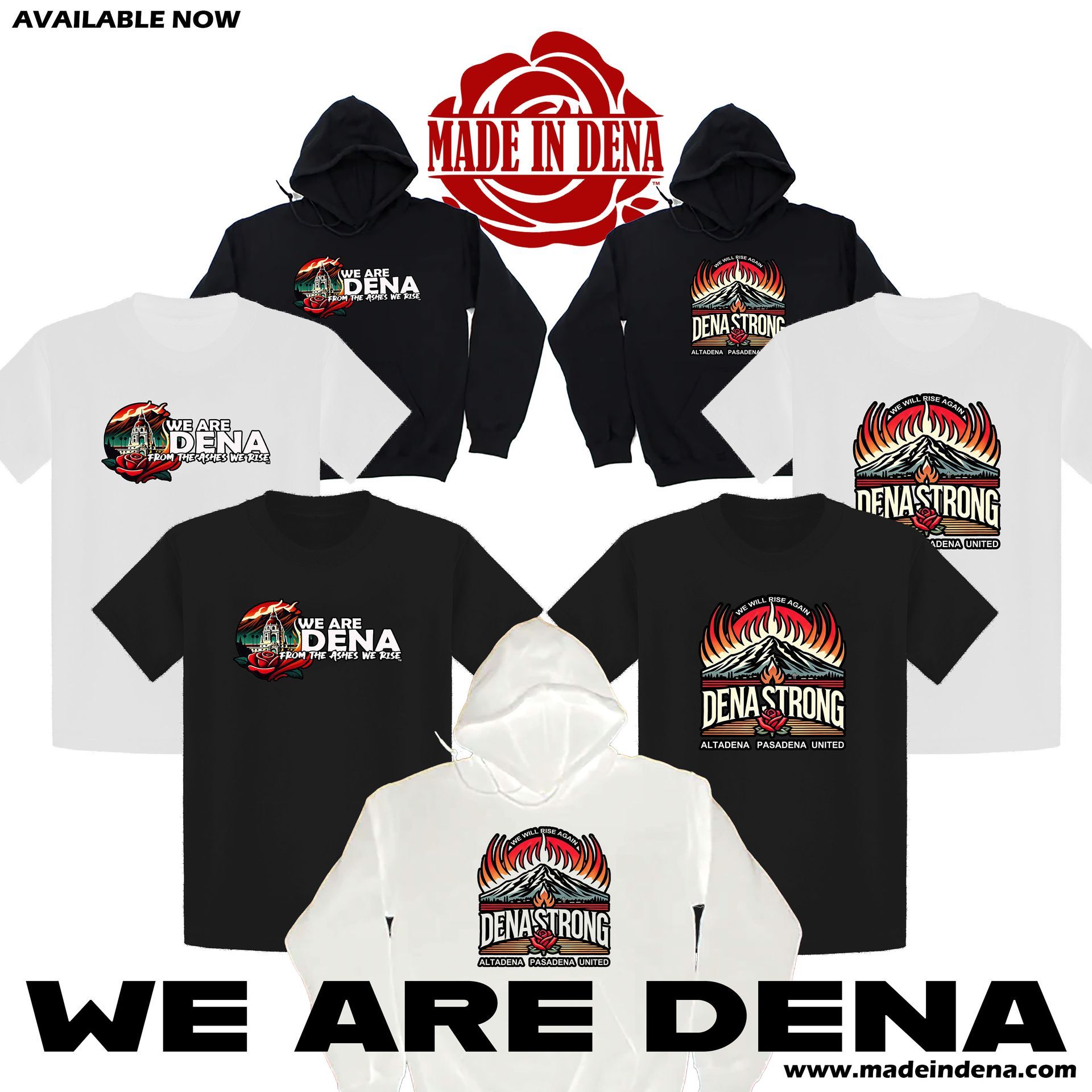 A bunch of shirts and hoodies that say we are dena