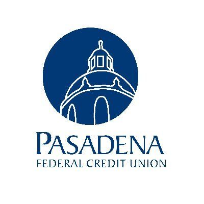 The logo for the pasadena federal credit union is a blue circle with a dome in the middle.