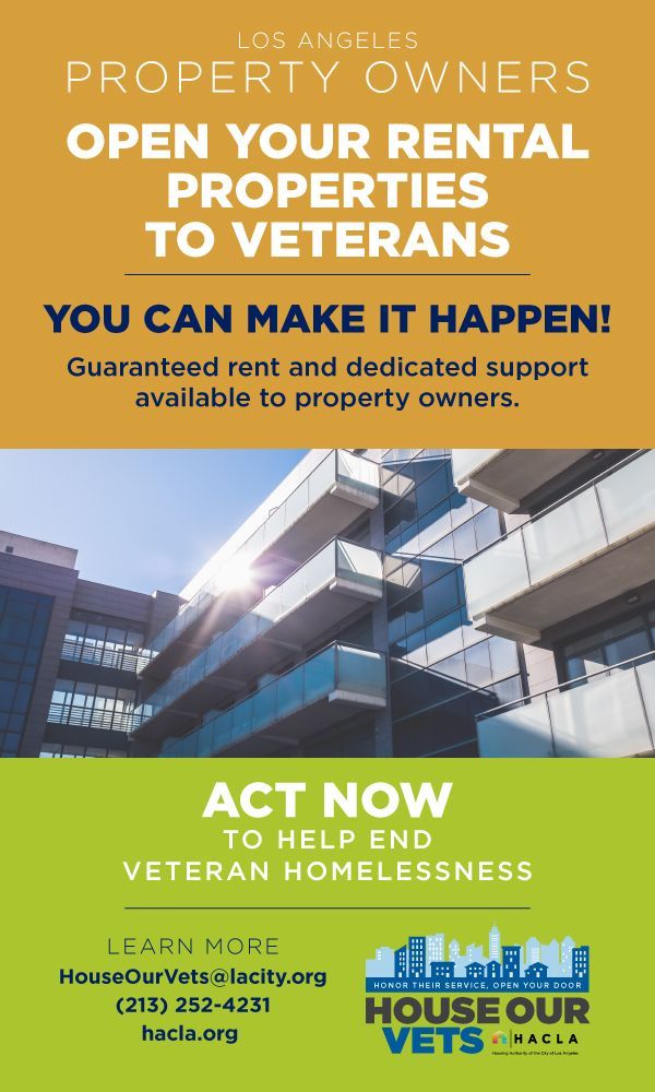 A flyer urging property owners to rent to veterans, featuring contact info and the House Our Vets at HACLA logo.