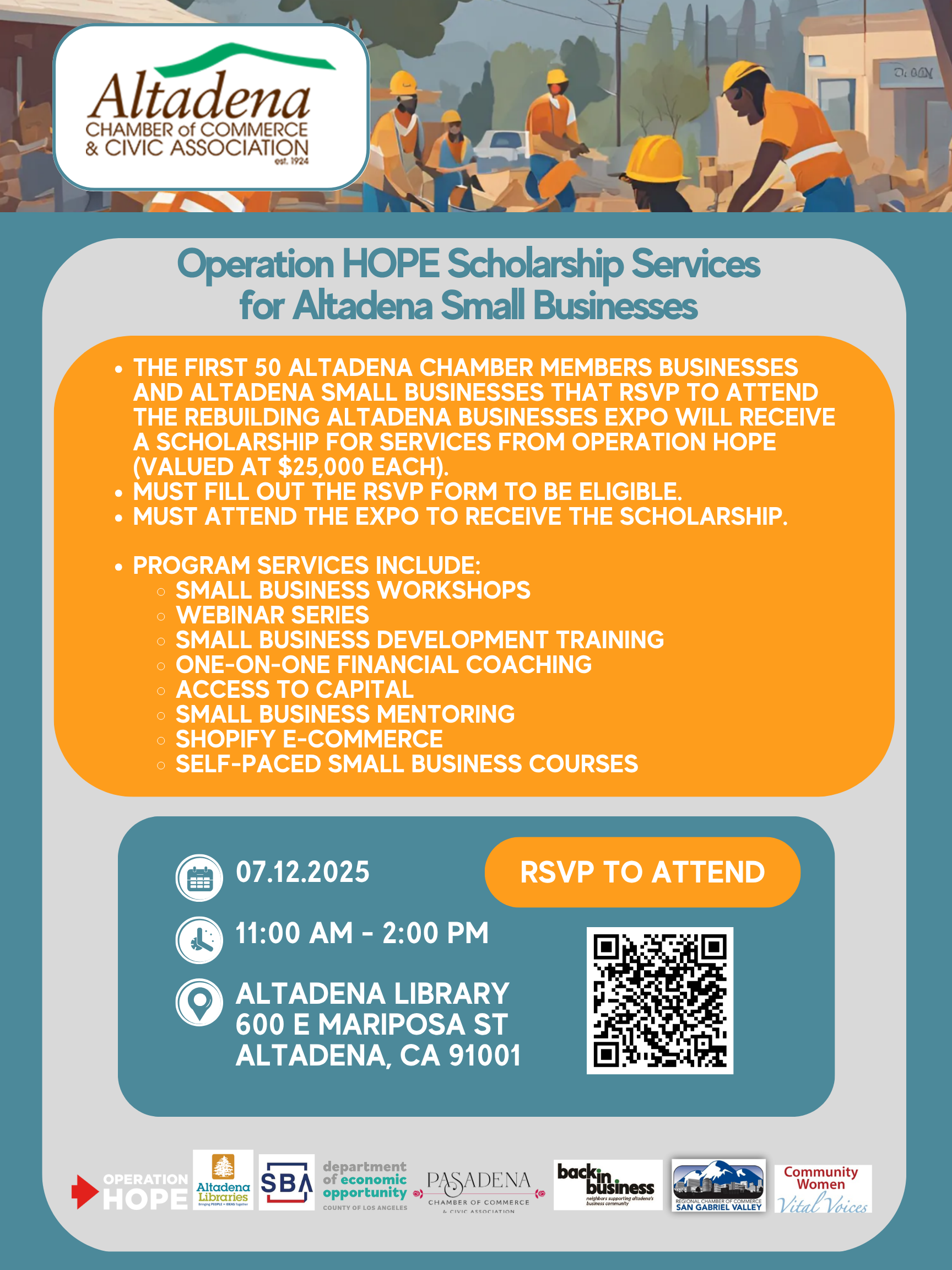 A flyer for an Operation HOPE scholarship expo for Altadena small businesses on 07.12.2025 at Altadena Library.