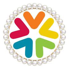 A colorful logo in a circle with pearls around it.
