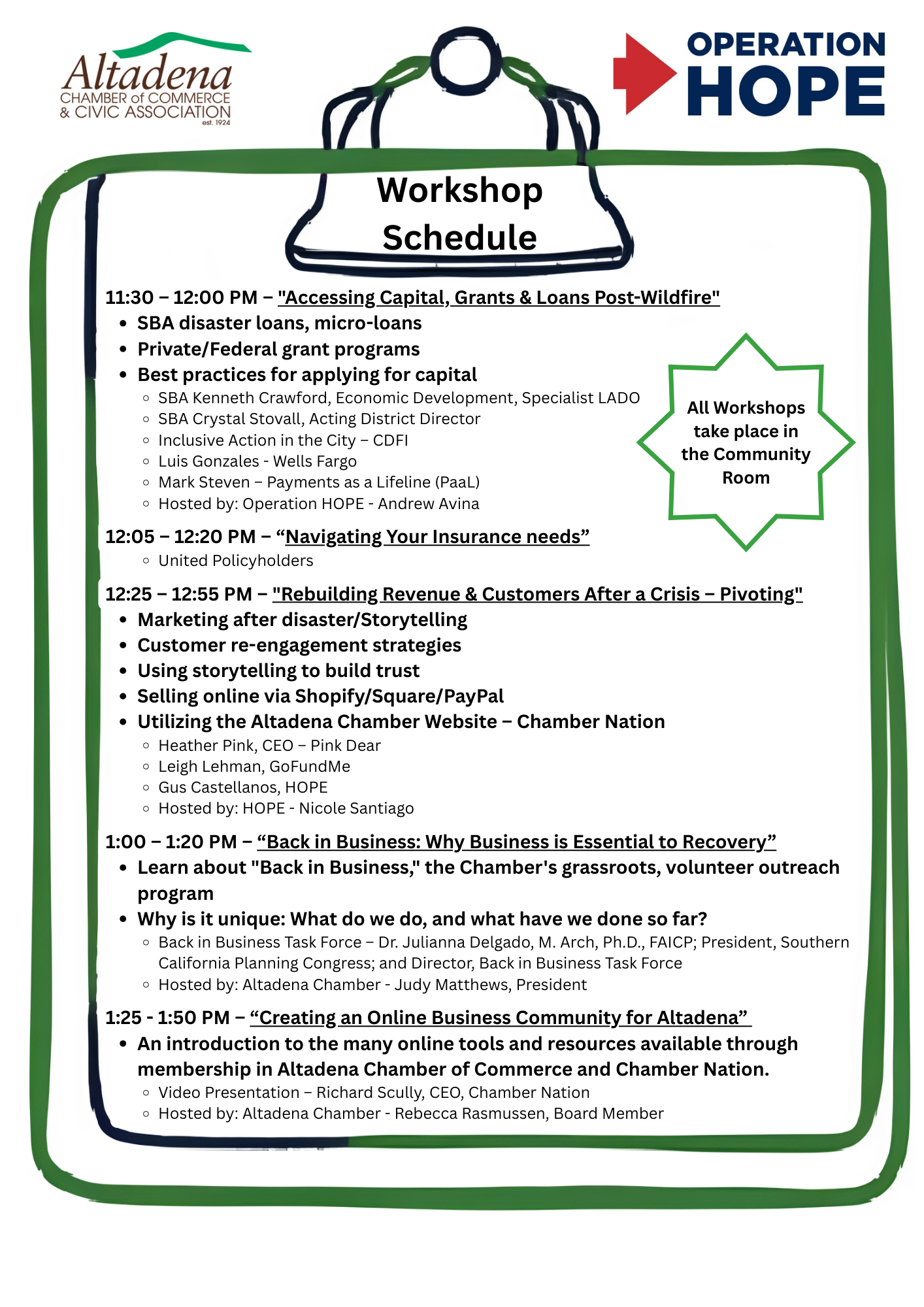 Operation HOPE workshop schedule flyer with list of business seminars and times on a clipboard background.