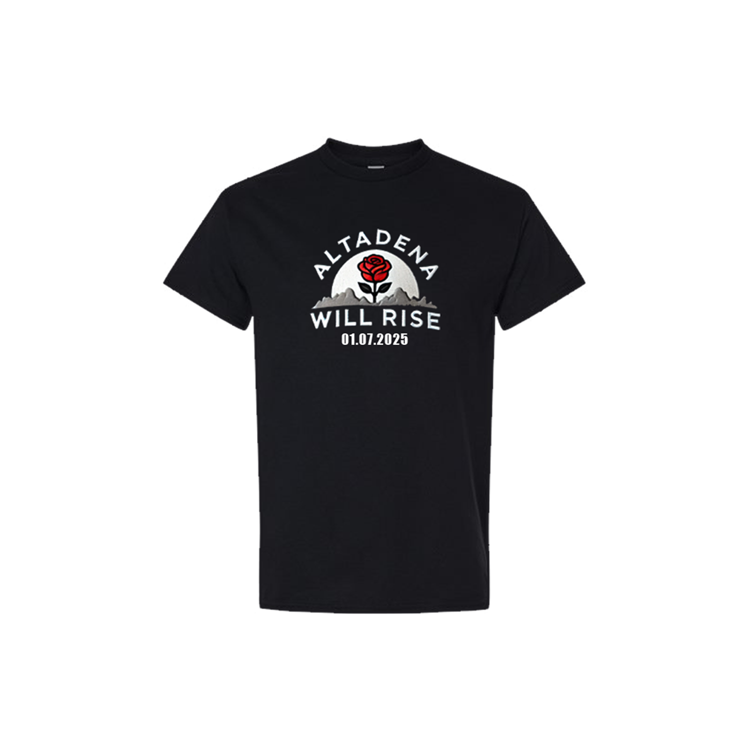 A black T-shirt featuring a graphic with a red rose, a sun, mountains, and the text 