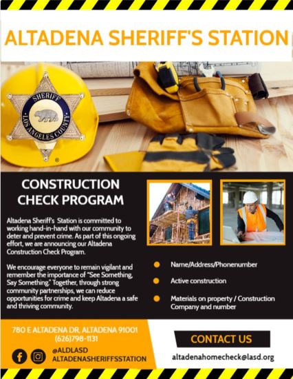 Flyer for Altadena Sheriff's Station Construction Check Program with contact details and info on crime prevention.