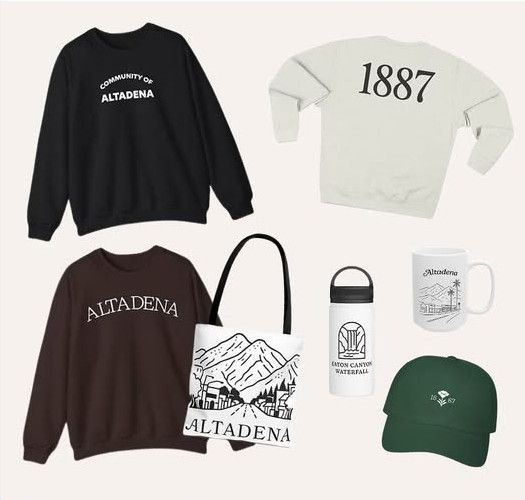 A collection of Altadena-branded merchandise, including sweatshirts, a tote bag, a water bottle, a mug, and a green cap.
