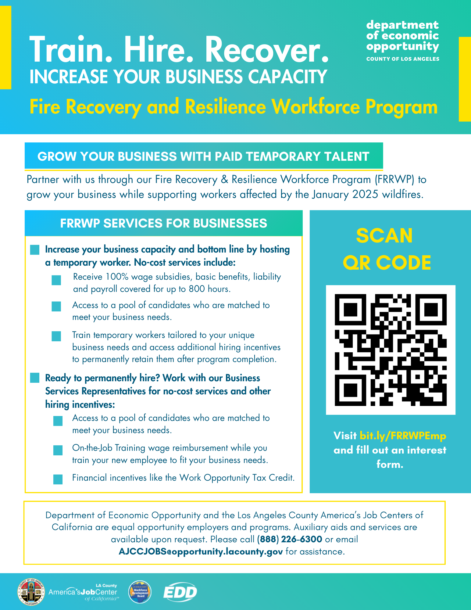 A flyer for the Fire Recovery and Resilience Workforce Program, offering no-cost business hiring and staffing services.