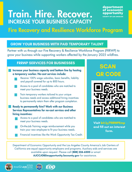 A flyer for the Fire Recovery and Resilience Workforce Program, offering no-cost business hiring and staffing services.