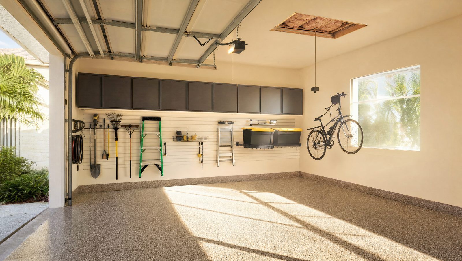 Sunlit Miami Gardens garage with wall-mounted storage cabinets and an attic hatch