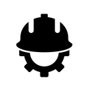 A black and white silhouette of a hard hat and gear.