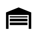 A black and white icon of a garage with a garage door.