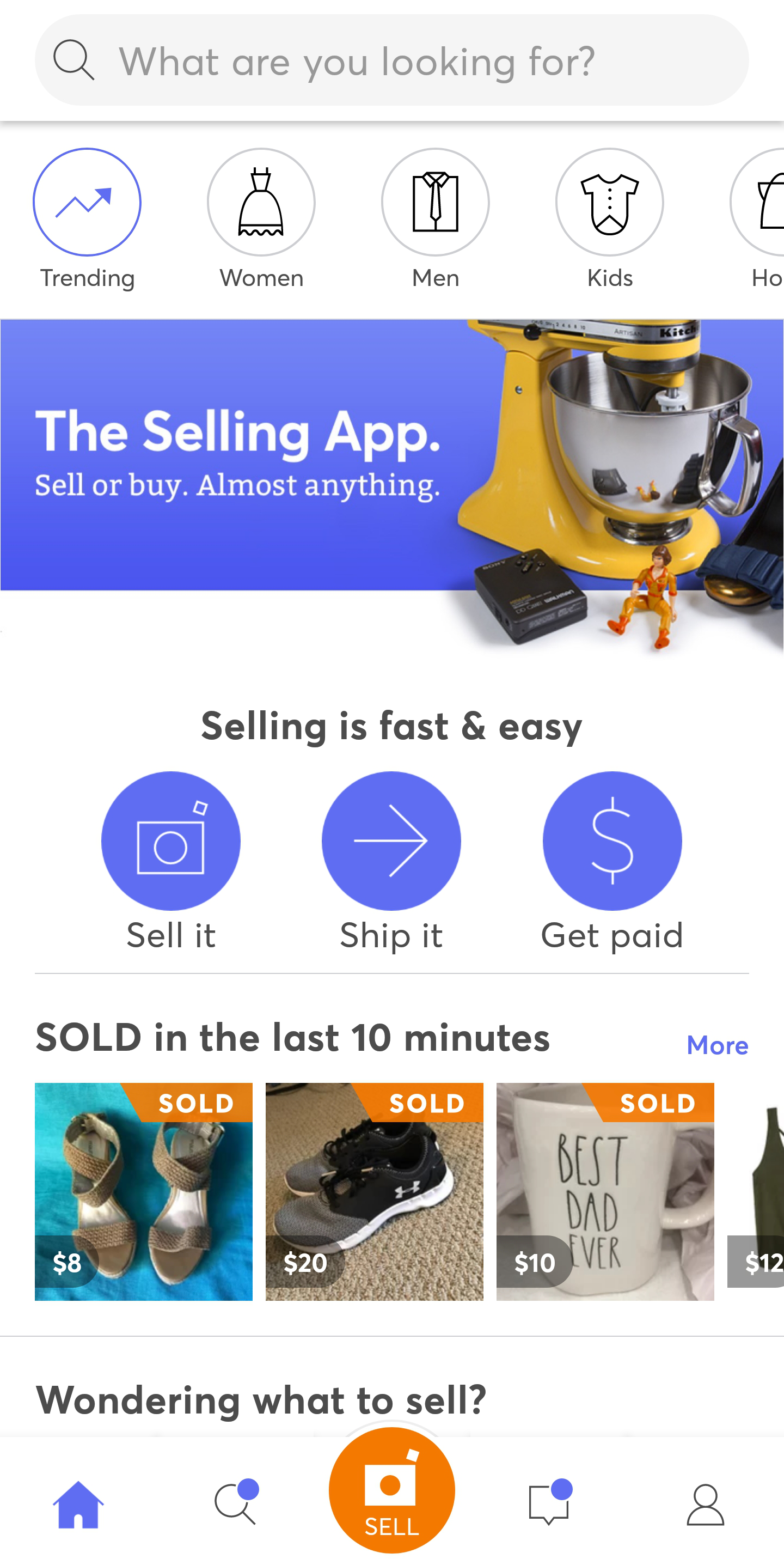 E-commerce app home screen with blue header, seller tips, and “Sold in the last 10 minutes” product tiles.