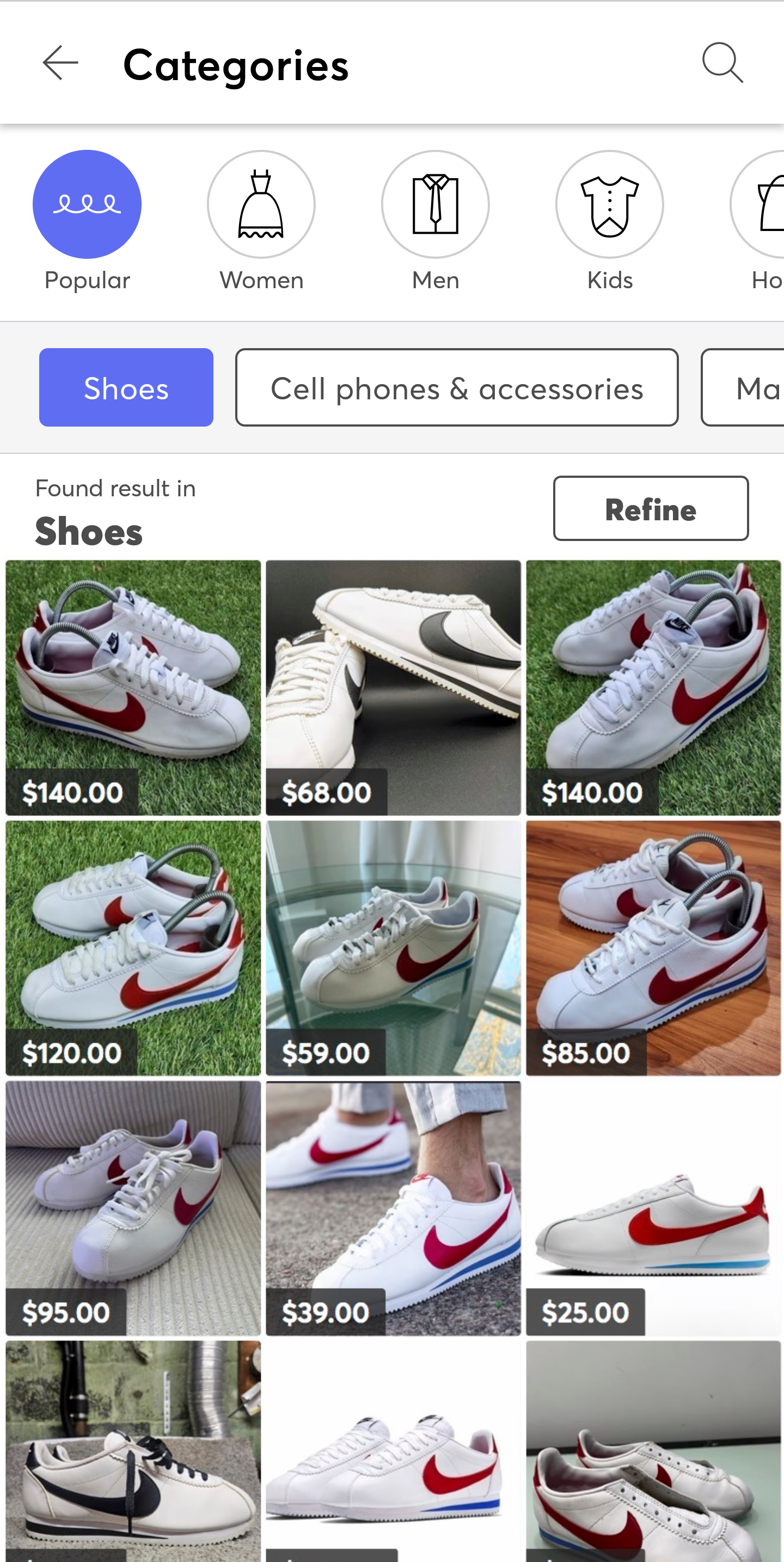 Screenshot of a shopping app showing sneaker listings with white, red, and blue Nike shoes on sale