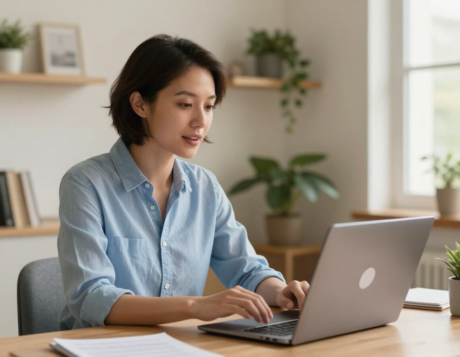 Woman working on a laptop at a desk in a bright home office.