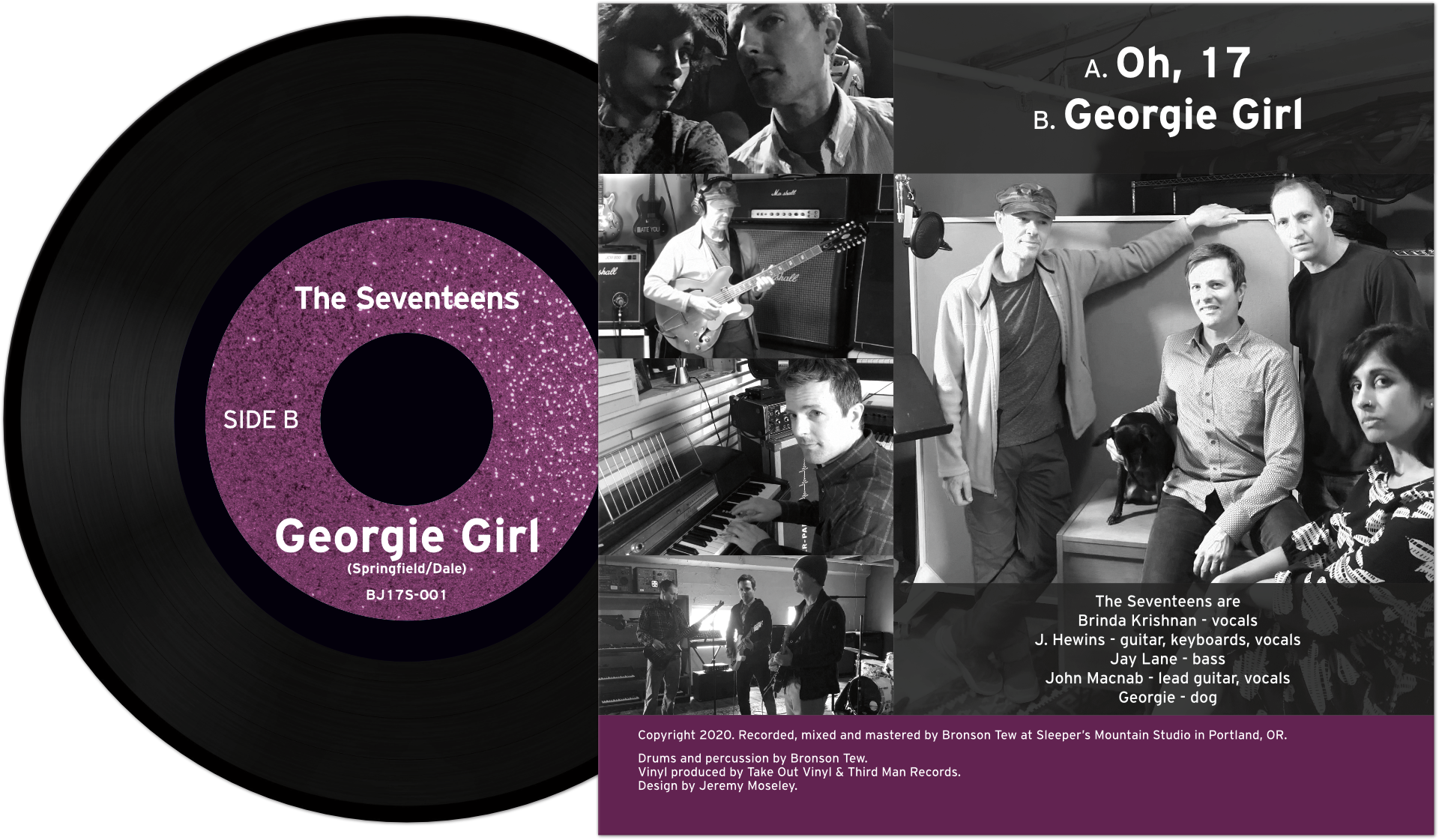 Black vinyl record and purple album cover for The Squirrels’ “Georgia Girl” with black-and-white band photos