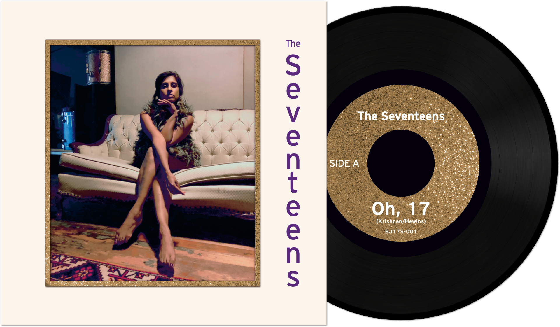 Album cover and vinyl record for The Seventeens, featuring a woman seated on a couch indoors.