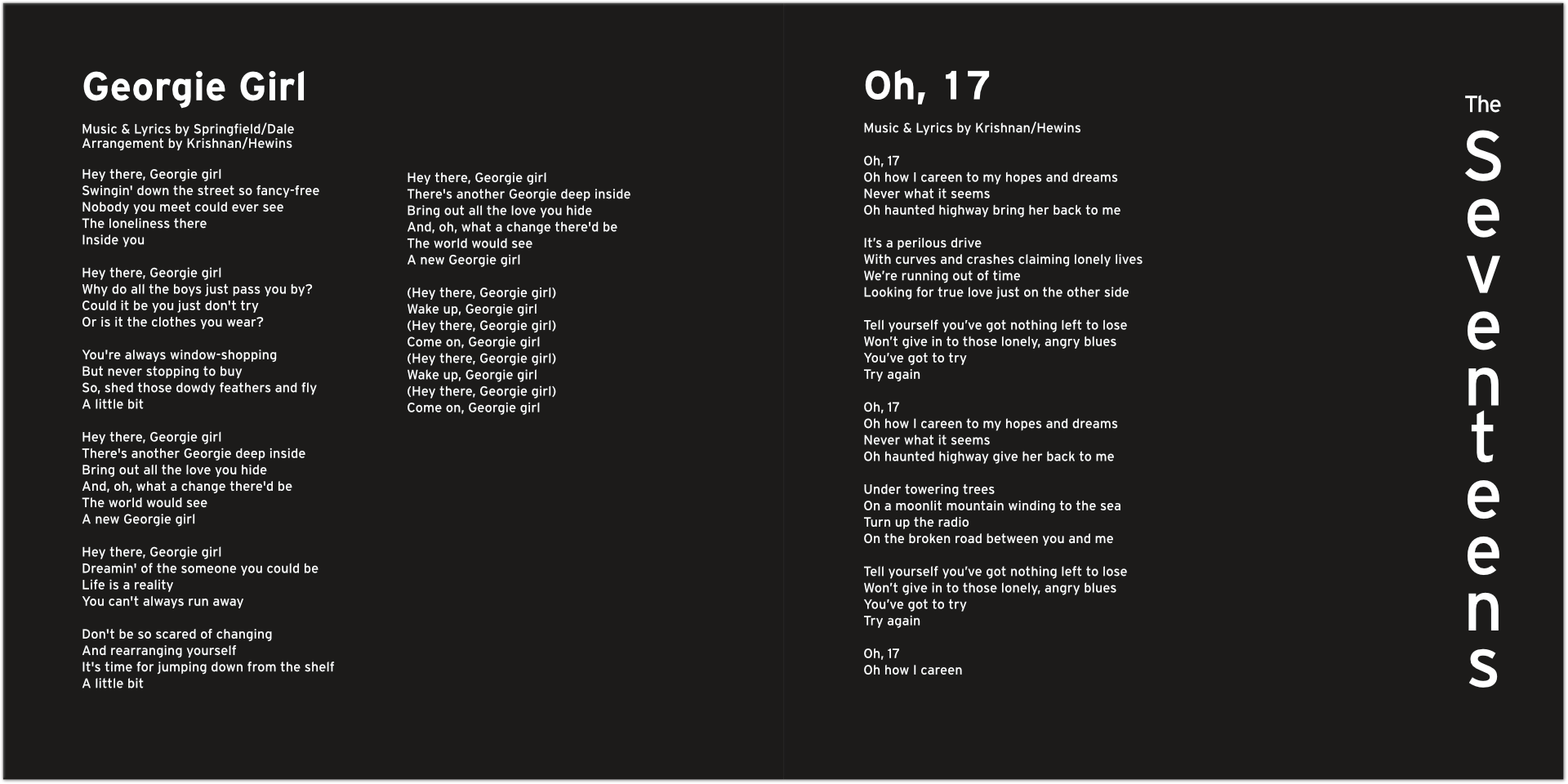 Black poster with white text blocks; vertical “Seventeens” on the right and “Georgia Girl” at top left.