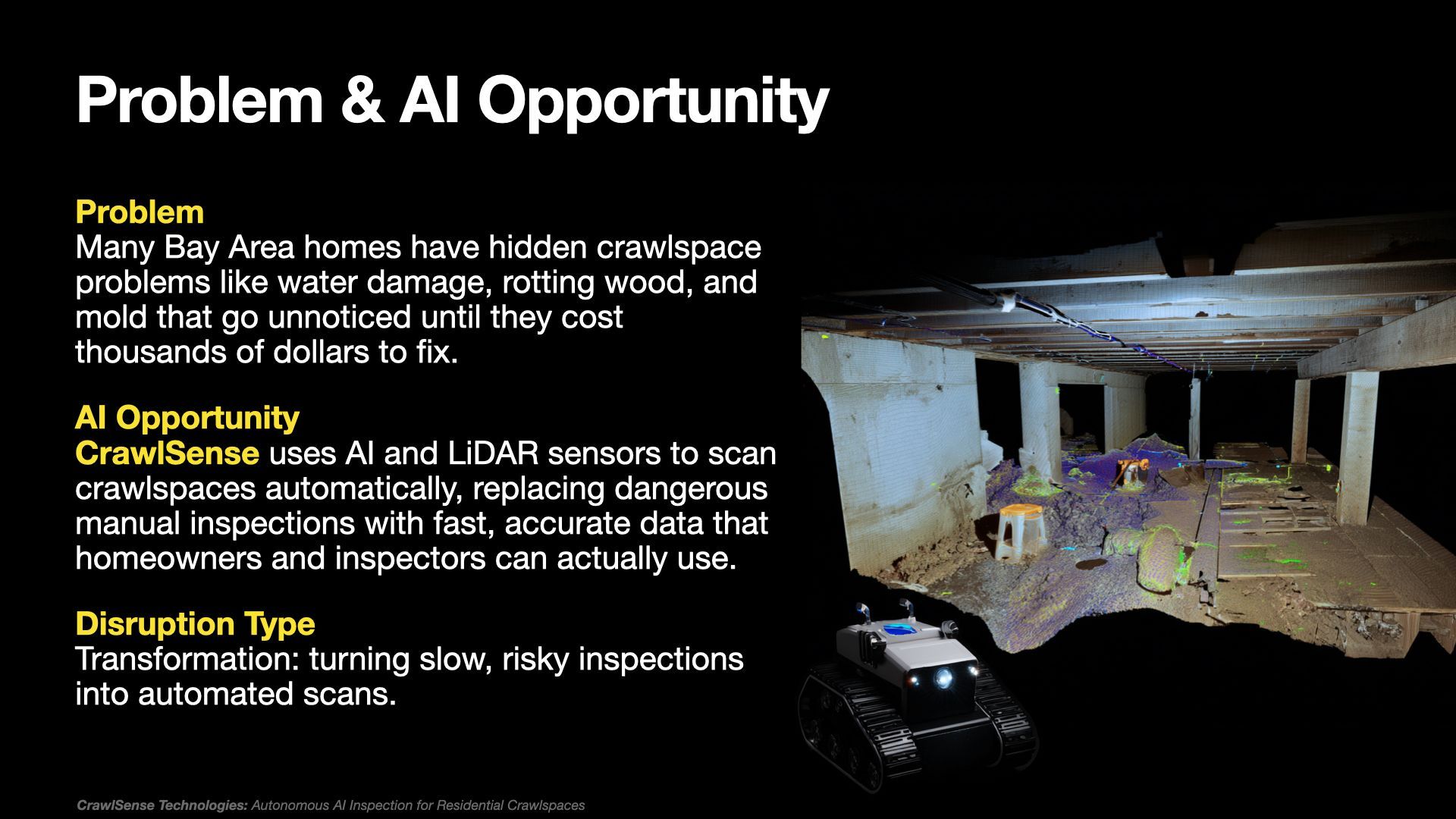 Black slide titled “Problem & AI Opportunity” with bullet text and a large indoor construction photo on the right