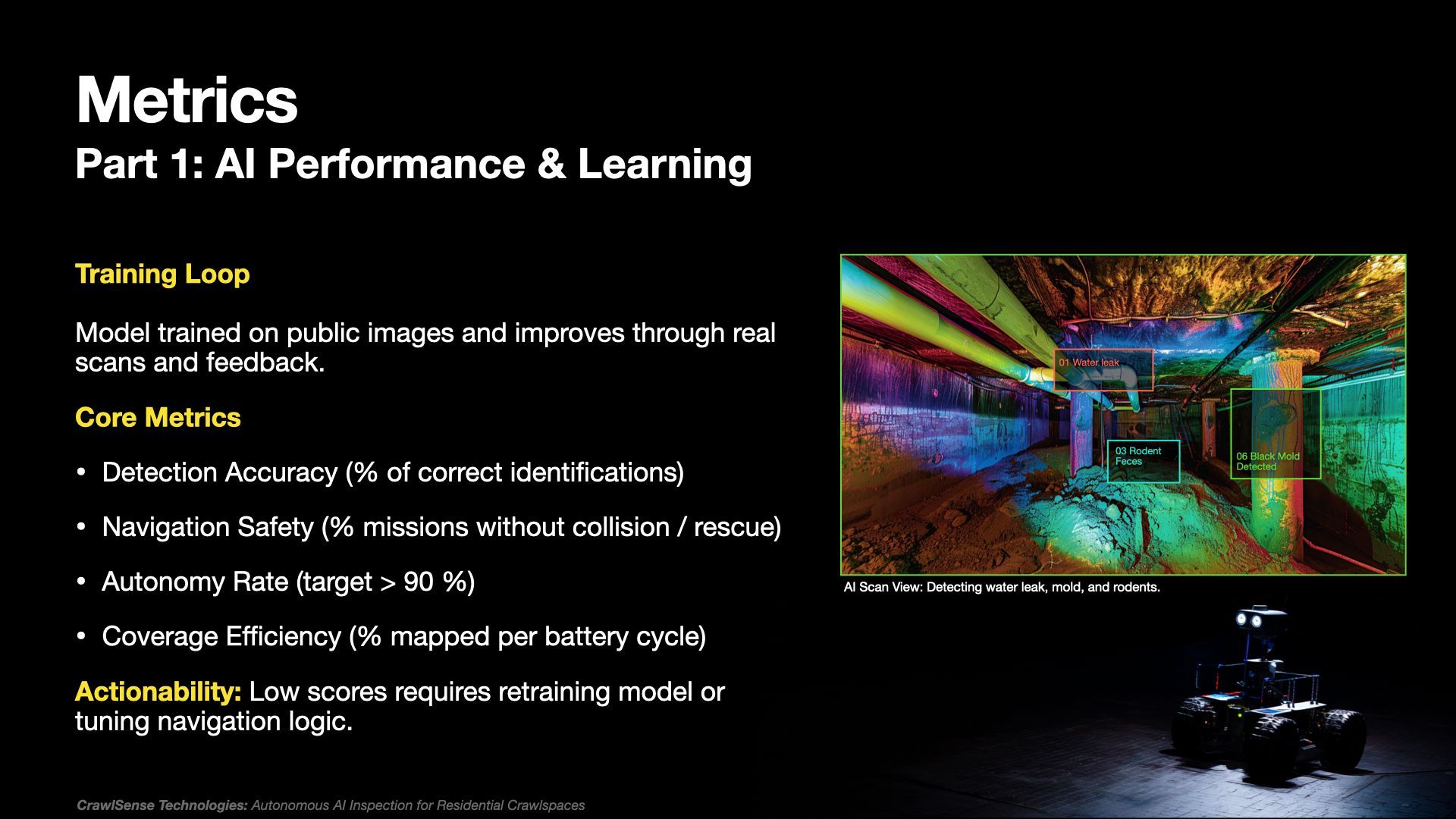 Presentation slide titled “Metrics” with bullet points on AI performance and learning, plus two colorful gaming screenshots.