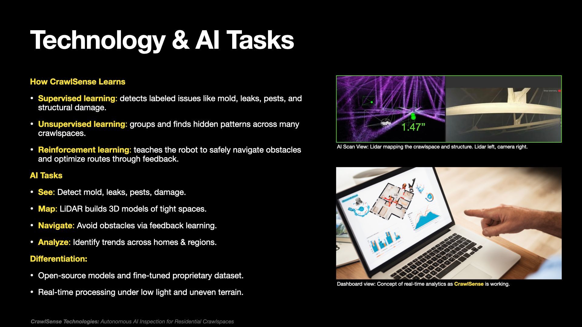 Technology & AI tasks slide with bullet points and images of a digital network, robotic arm, and laptop analytics screen