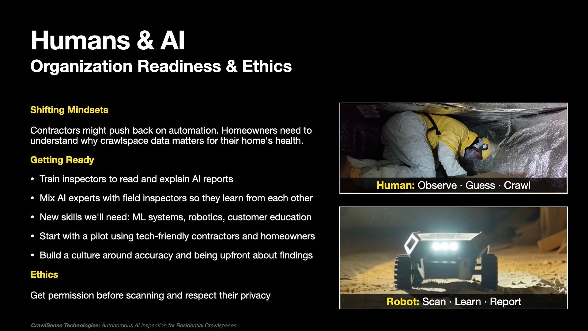 Dark slide titled “Humans & AI” with yellow bullet points and two right-side images of robots in a dark setting