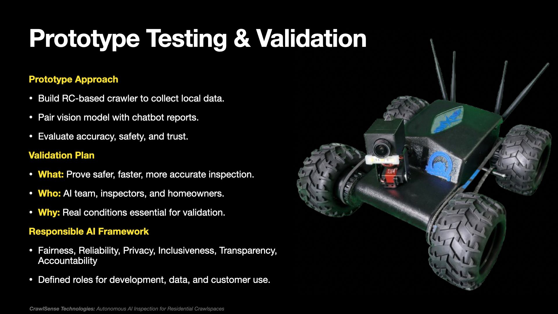 Slide titled “Prototype Testing & Validation” with a black background and a small rover prototype illustration.