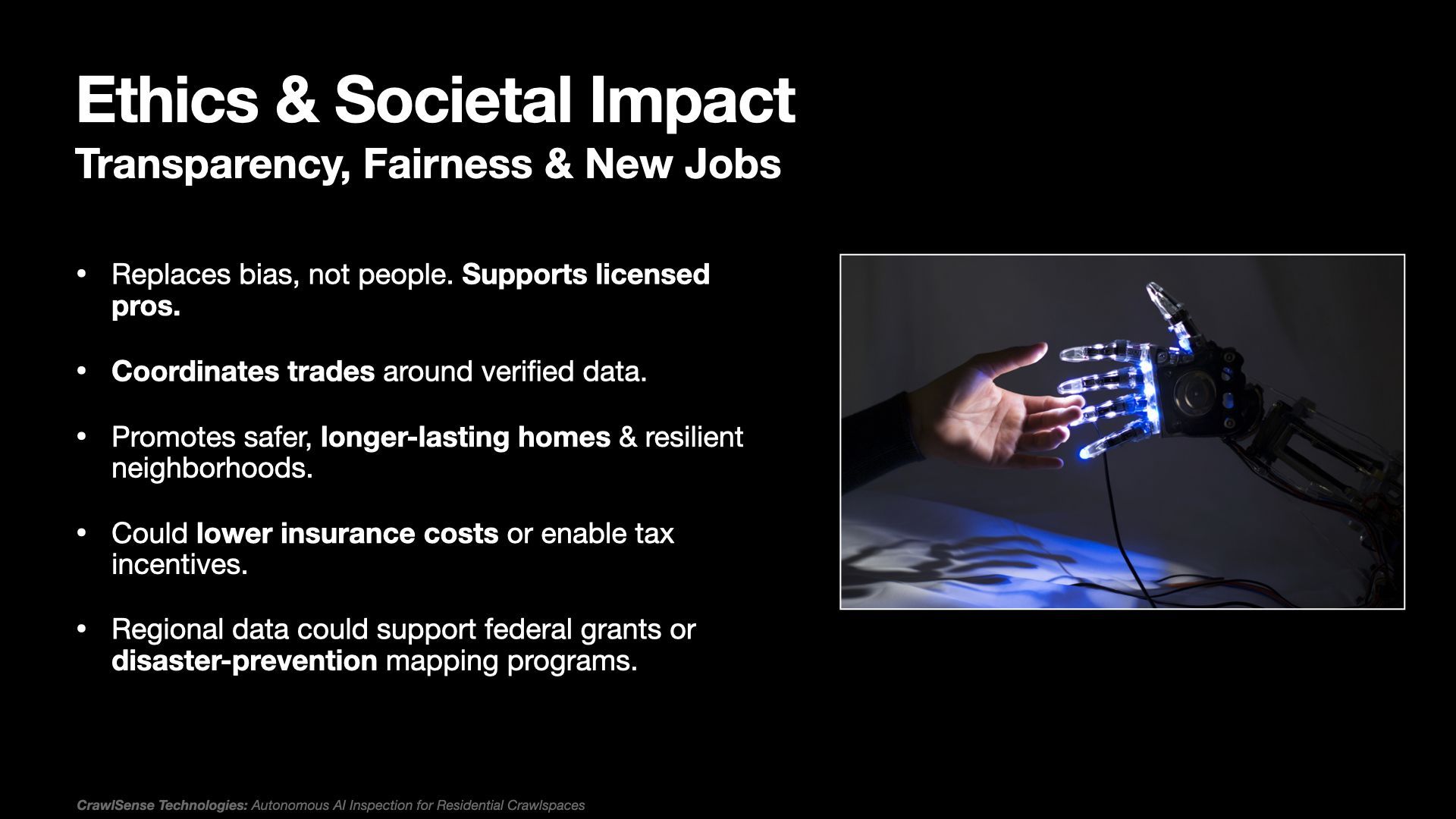 Presentation slide titled “Ethics & Societal Impact” with bullet points and a robotic hand touching a glowing blue hand