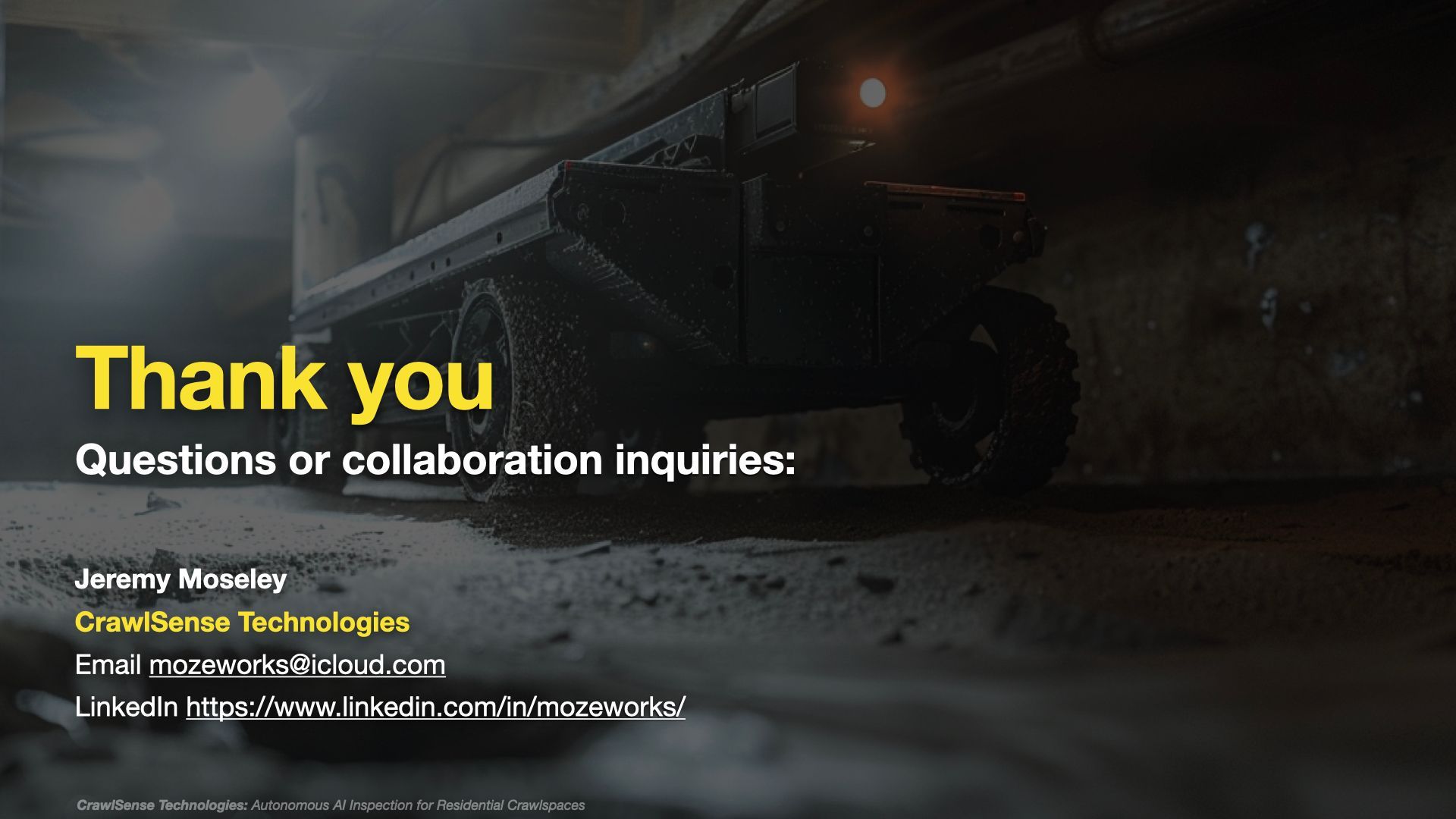 Thank you slide with dark industrial background and white text: “Questions or collaboration inquiries”
