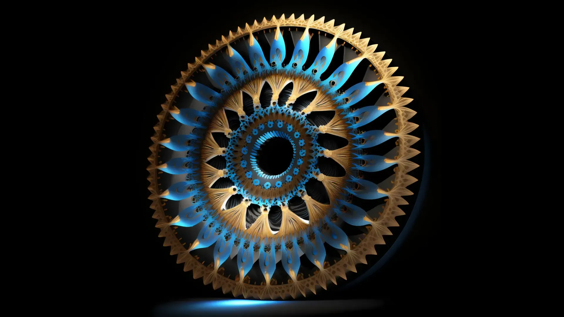 Blue and gold ornate circular gear-like design on a black background