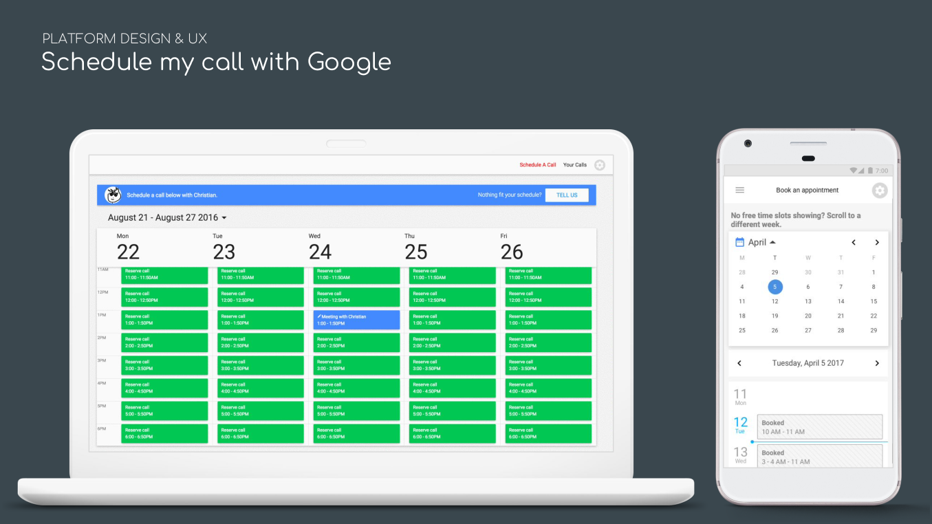 Laptop and phone showing Google calendar with green scheduling blocks on a gray background