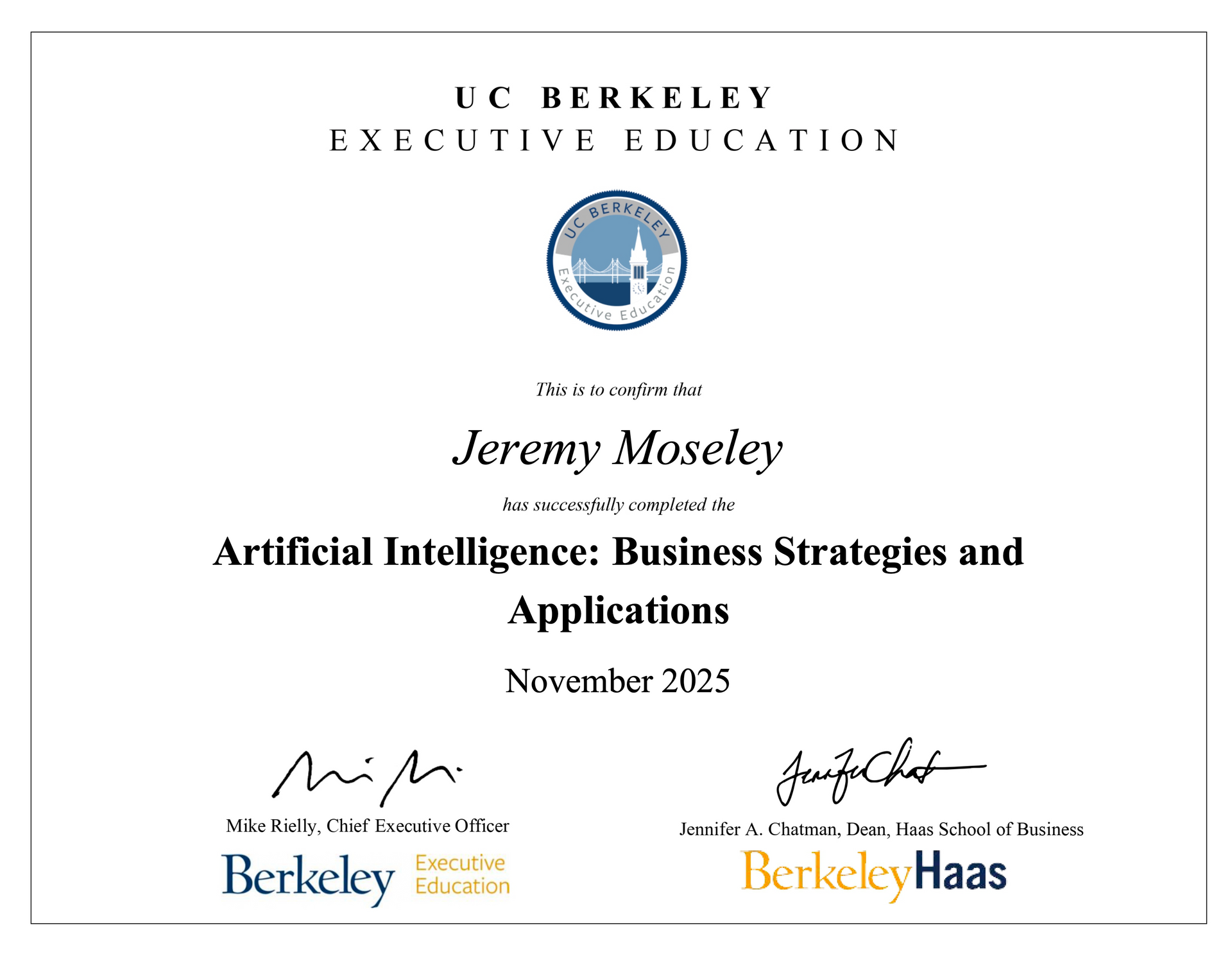 UC Berkeley executive education certificate for AI: Business Strategies and Applications, November 2023