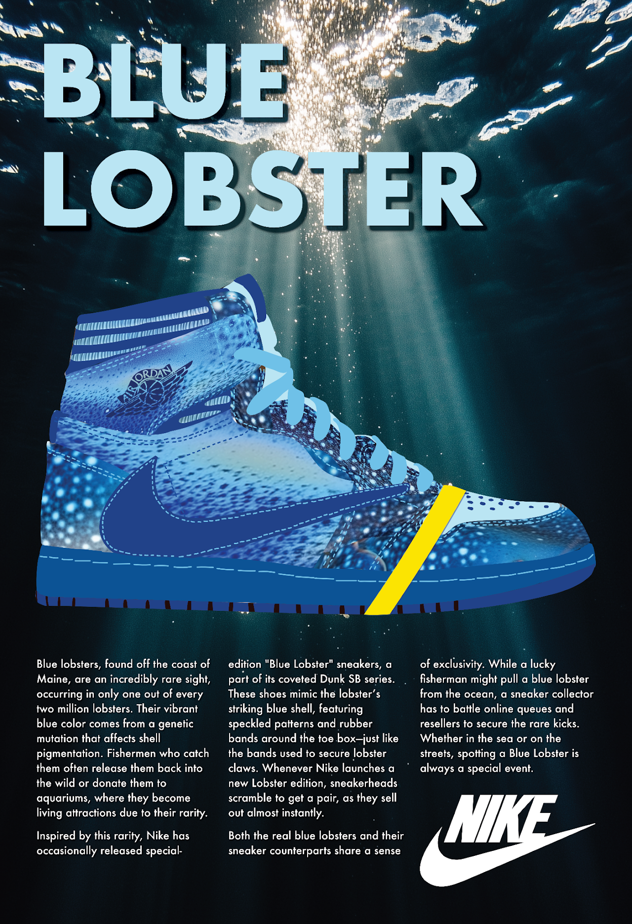 Nike ad for blue high-top sneakers under water, titled “Blue Lobster,” with a lobster-claw yellow strap.