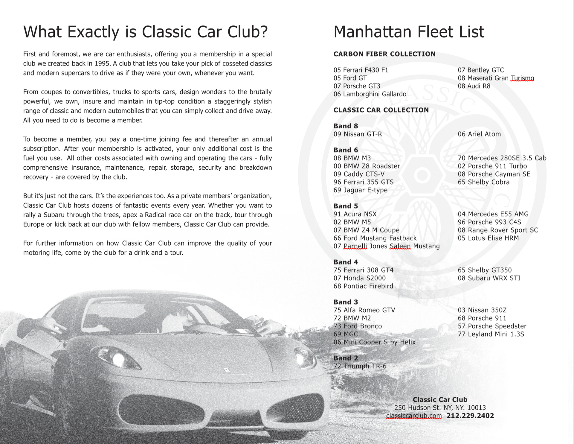 Flyer for Manhattan Fleet List featuring a sports car and event details on a white background