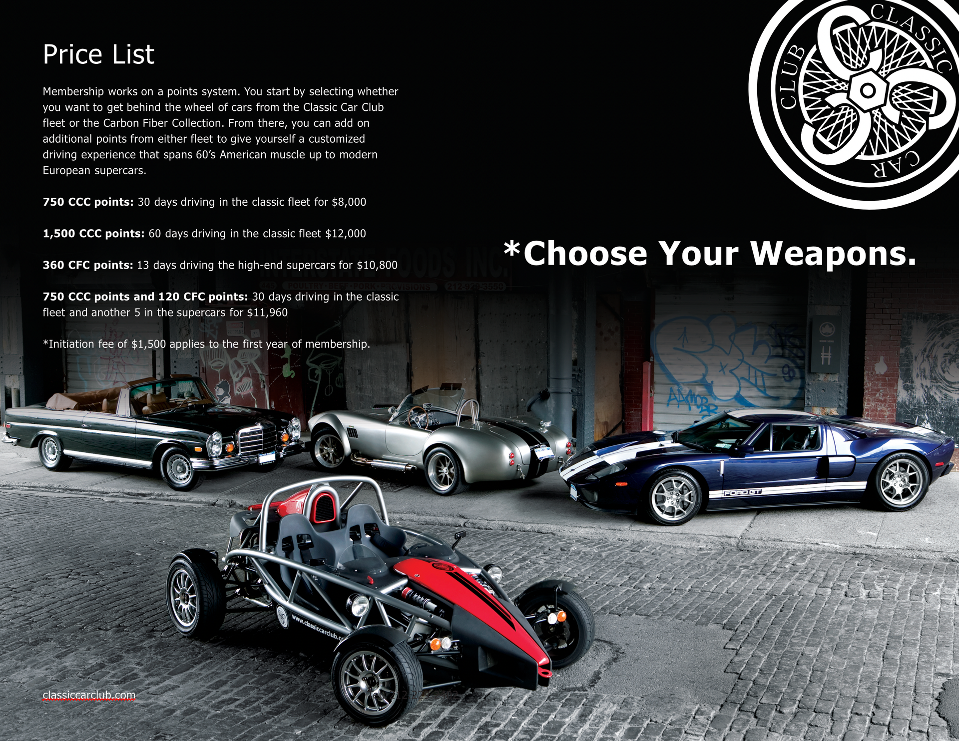 Classic sports cars on a showroom floor with “Choose Your Weapons” and a price list