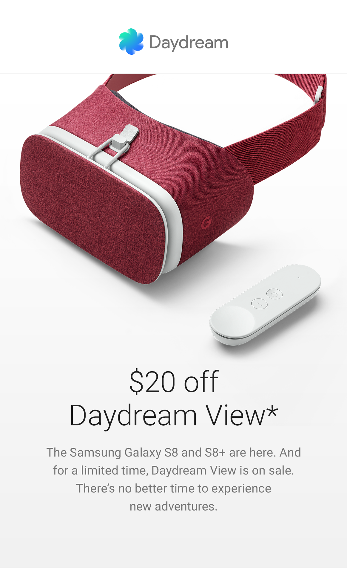 Promotional ad for a red VR headset with controller, offering $20 off Daydream View