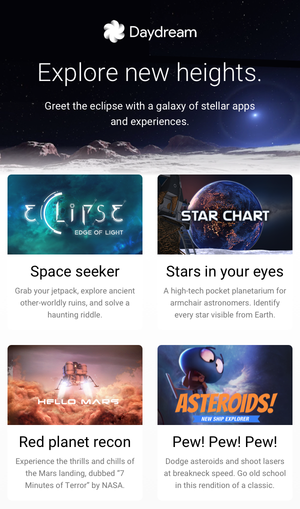 Daydream space-themed app promo with four colorful tiles: Eclipse, Star Chart, Red planet recon, and Asteroids!