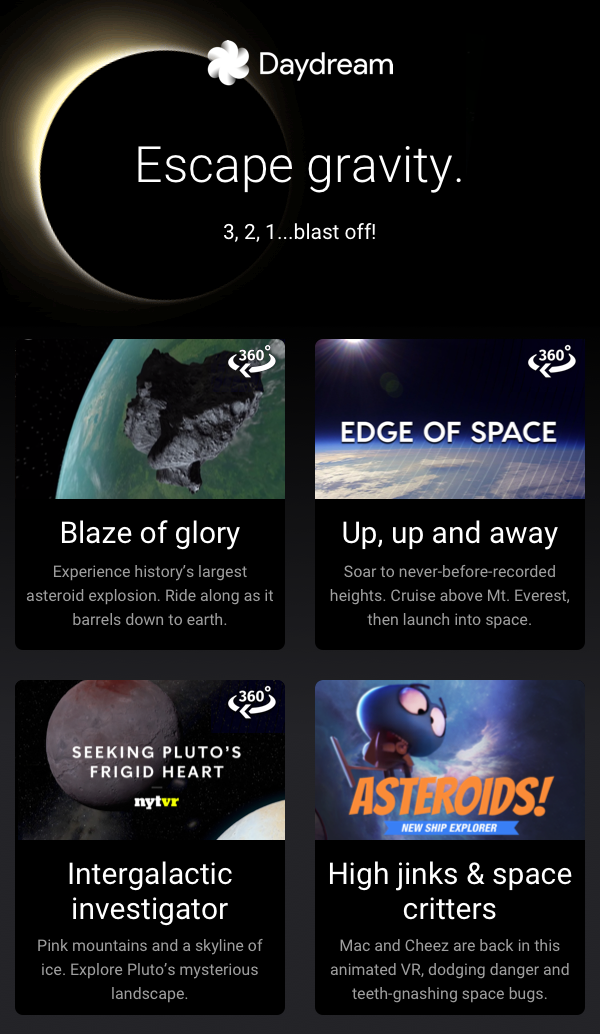 Space-themed poster with six tiles about escape gravity, rockets, asteroids, and the edge of space.