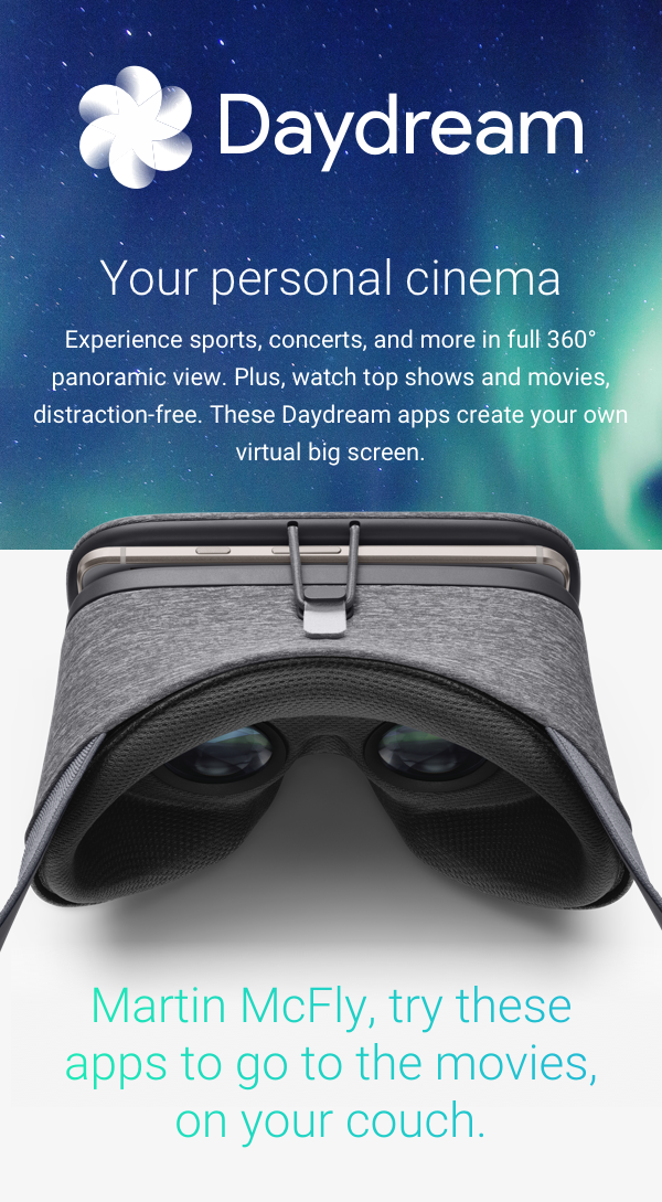 Daydream VR headset ad with blue gradient background and text: “Your personal cinema.”