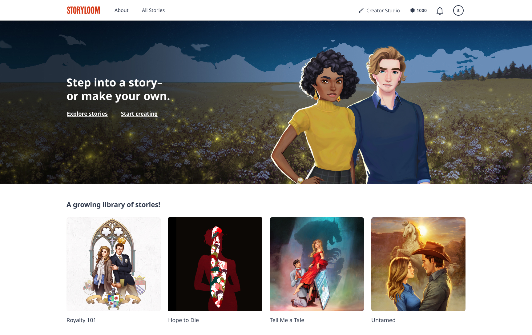 Illustrated website homepage with two characters in a flower field and several poster thumbnails below