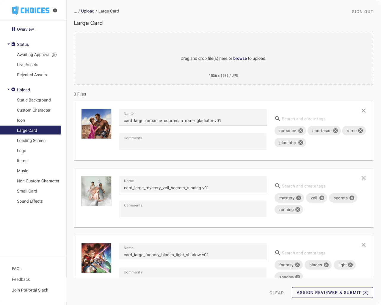 Dashboard showing a list of items with thumbnails, status chips, and action buttons in a left-sidebar web app.