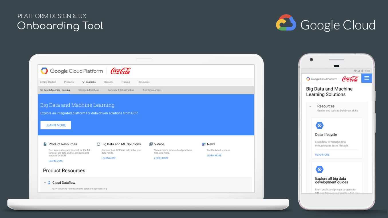 Google Cloud login page shown on a laptop and phone with blue sign-in panel