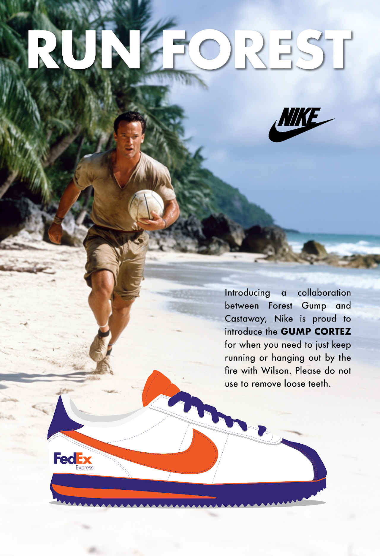 Runner on a tropical beach with a Nike ad and a large orange-and-blue sneaker graphic