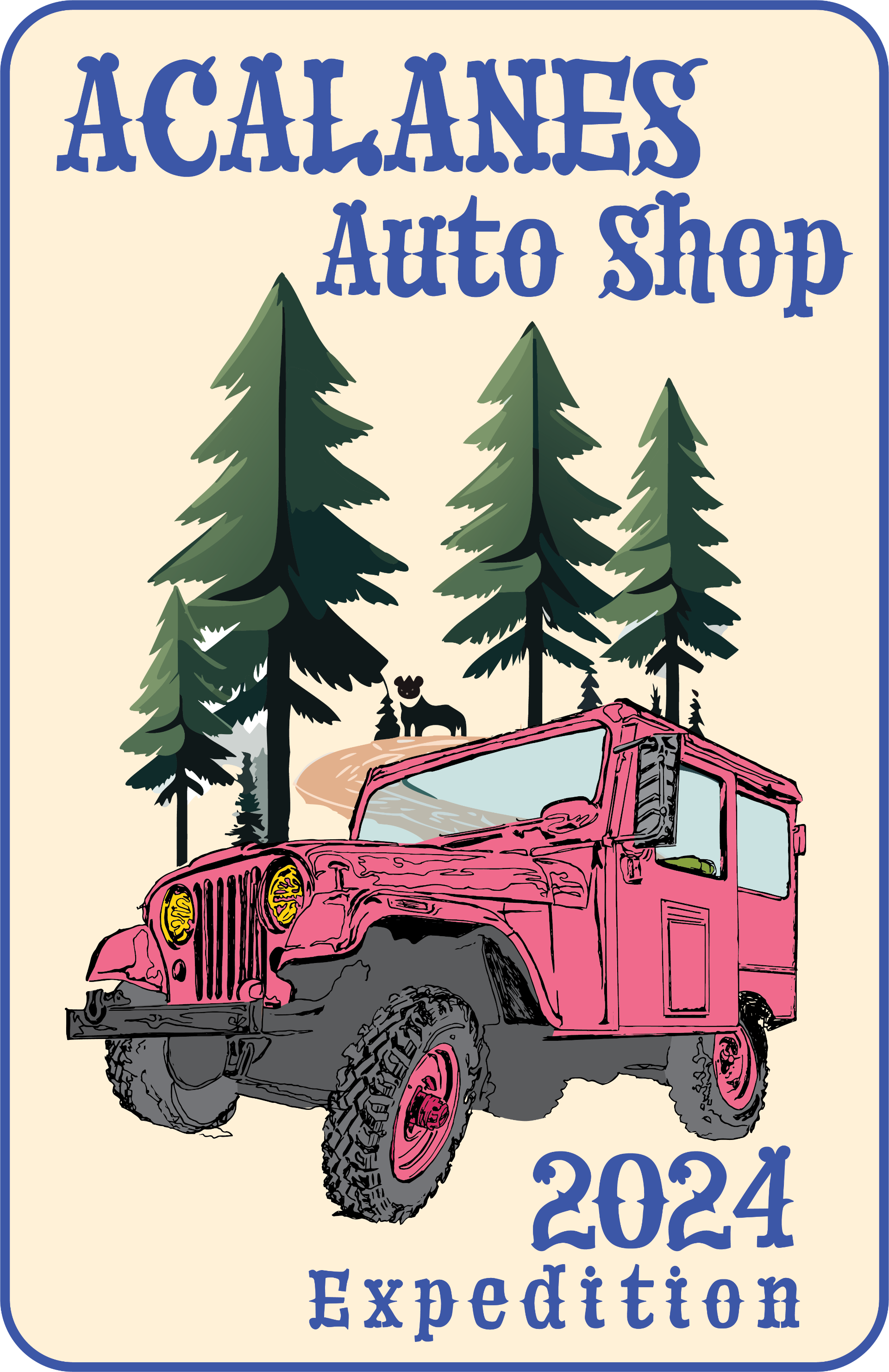 ACALANES Auto Shop 2024 logo with pink jeep and pine trees