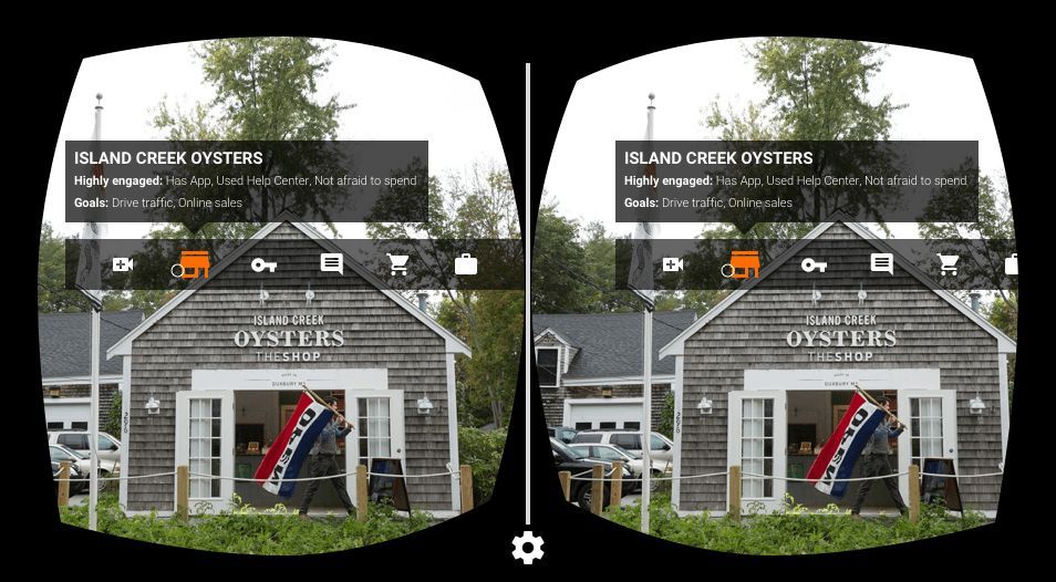 Side-by-side VR views of a gray house with a red ladder and interface icons overlaid.